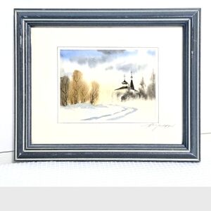 Watercolor Ink  Church Scene Signed Matted Frame Country Farmhouse Wall  1994